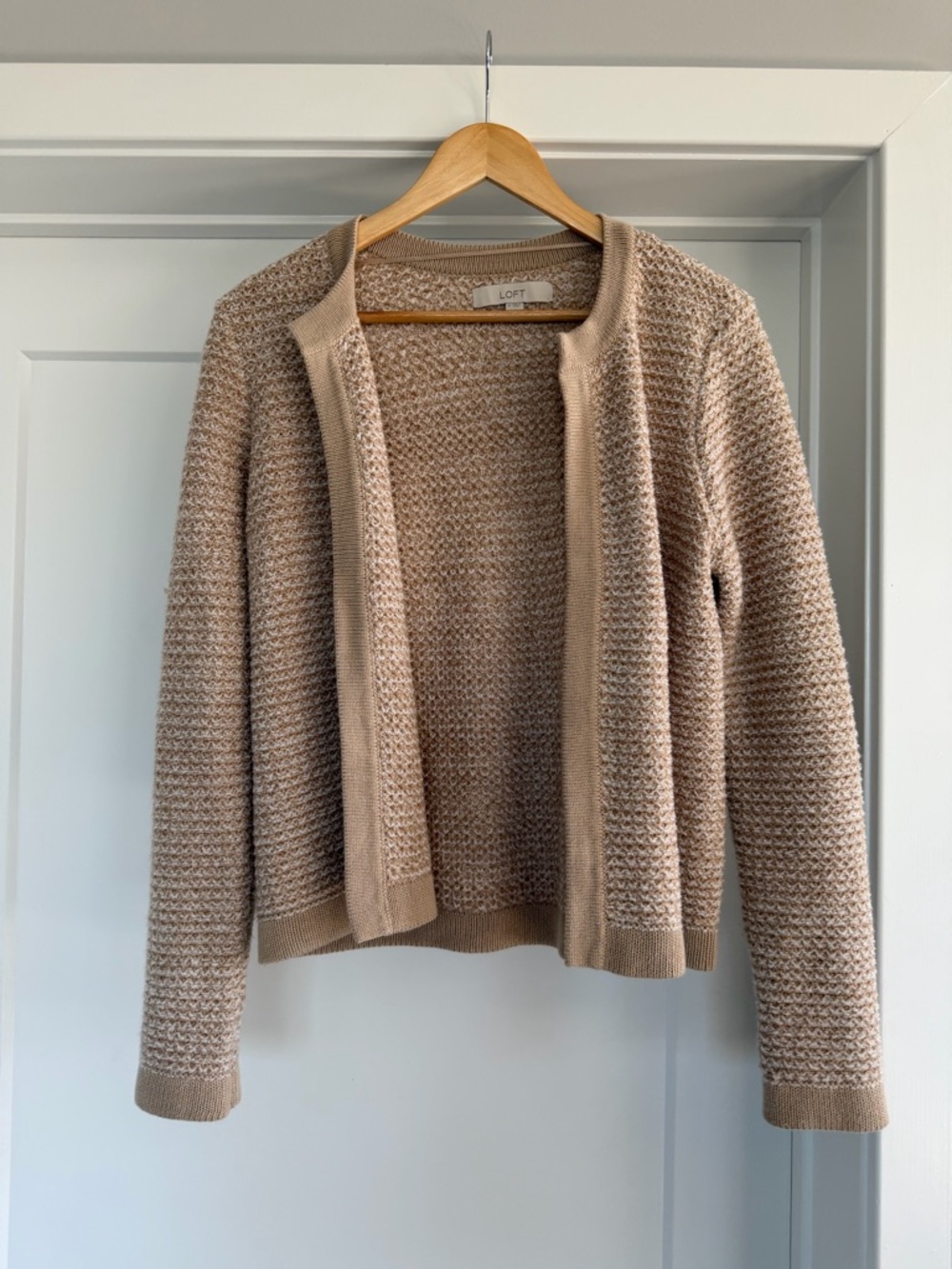 LOFT Neutral Tan Open-Front Waffle Knit Cardigan